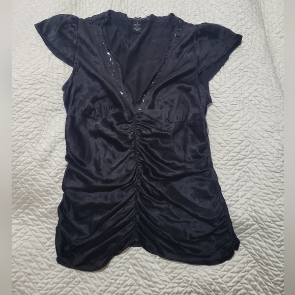 Calvin Klein Black Silky Flutter Sleeve Ruched V-Neck Top Size M - Picture 2 of 8